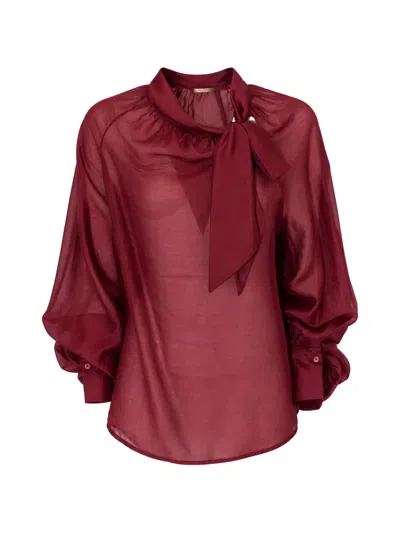 Pho® Firenze Pussy-bow Blouson-sleeve Blouse In Burgundy