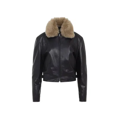 Phoebe Philo Black Cropped Jacket With Removable Fur Collar And Two Front Welt Pockets In Leather Woman In Blue