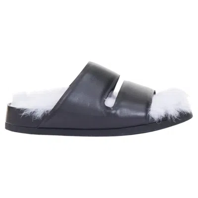 Pre-owned Phoebe Philo Celine 2013  Runway Black Leather Lilac Shearling Slide Sandals Eu37