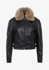Phoebe Philo Black Cropped Jacket With Removable Fur Collar And Two Front Welt Pockets In Leather Woman In Black