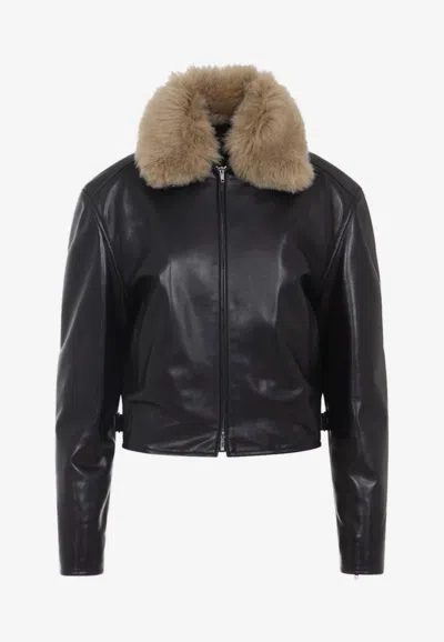 Phoebe Philo Black Cropped Aviator Lamb Leather Jacket