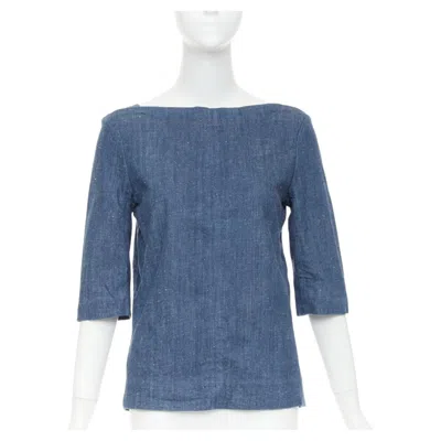 Pre-owned Phoebe Philo Old Celine 2011  Cotton Denim Bateau Boat Neck 3/4 Sleeve Top Fr40 S In Blue