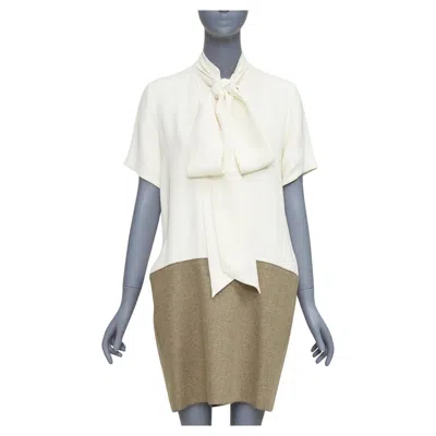 Pre-owned Phoebe Philo Old Celine  Cream Taupe Silk Wool Felt Drop Waist Shirt Dress Fr38 M In White