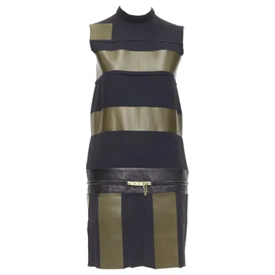 Pre-owned Phoebe Philo Old Celine  Khaki Black Leather Silk Stripe Dress Fr36 S