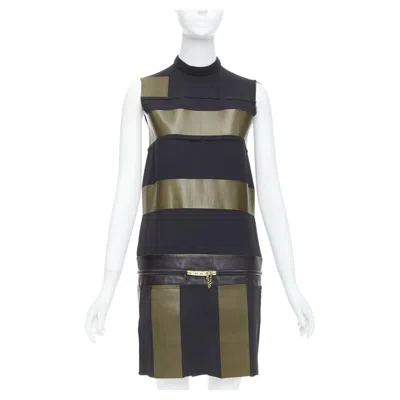 Pre-owned Phoebe Philo Old Celine  Khaki Black Leather Silk Stripe Dress Fr36 S