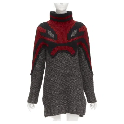 Pre-owned Phoebe Philo Old Celine  Red Grey Abstract Intarsia Knit Sweater Dress S