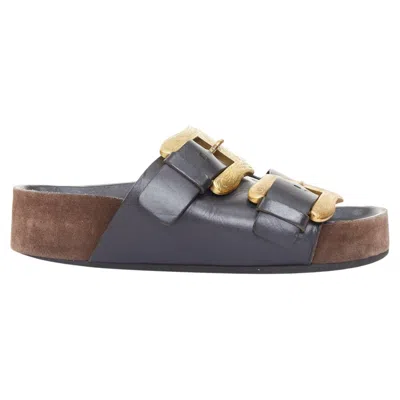 Pre-owned Phoebe Philo Rare Celine Phoebephilo Boxy Western Cowboy Baroque Buckle Leather Slidessandals In Gray