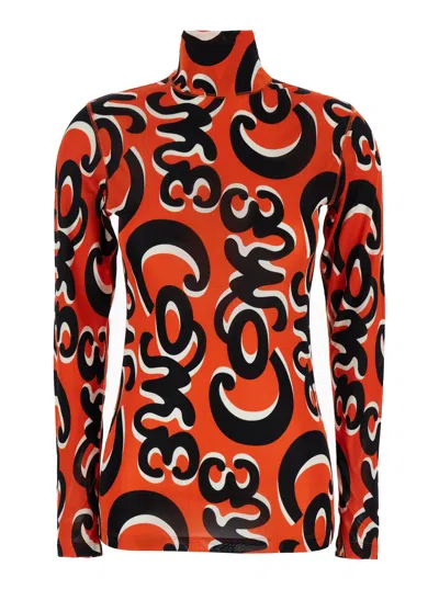 Phoebe Philo Red Turtleneck T-shirt With All-over Print In Cotton Woman In Orange