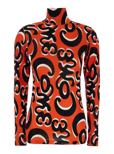 Phoebe Philo Red Turtleneck T-shirt With All-over Print In Cotton Woman