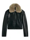 Phoebe Philo Black Cropped Jacket With Removable Fur Collar And Two Front Welt Pockets In Leather Woman In Black