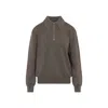 Phoebe Philo Light Brown Wool Zip Polo With Pointed Collar And Ribbed Details In Brown
