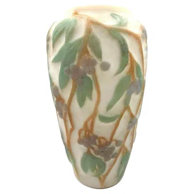 Pre-owned Phoenix 1924  Consolidated Satin Glass Lamp Vase Base With Grape Leaves Floral In Purple