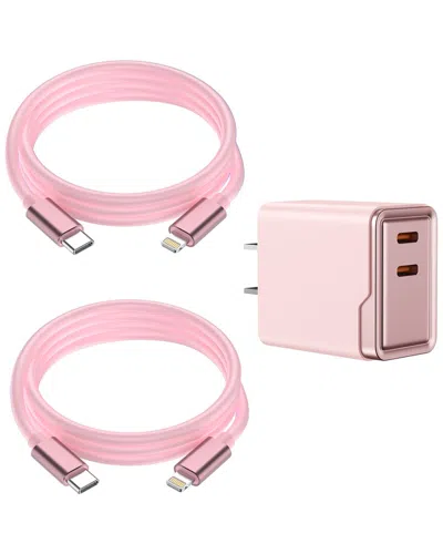 Phunkee Tree Set Of 2 Leather Lightning Fast Charge Cables With Adapter In Pink