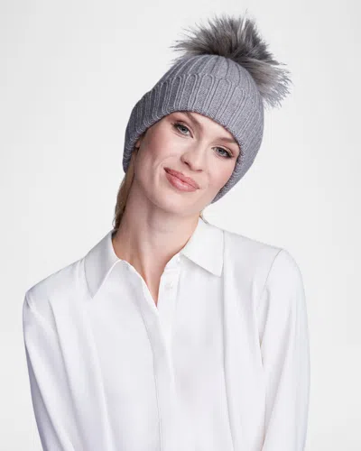 Pia Rossini Kiara Ribbed Faux Fur Pom Pom Beanie In Gray