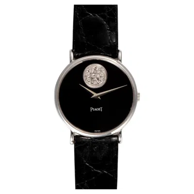 Pre-owned Piaget 9025 Coat Of Arms Onyx Dial 18k Wg 1980s With Service Paper In Black