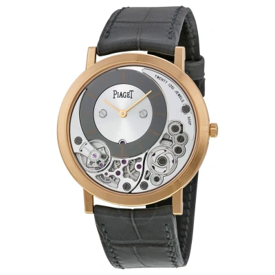 Piaget Altiplano Silver And Black Skeleton Dial 18kt Rose Gold Gray Leather Men's Watch Goa39110