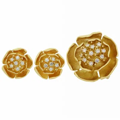 Pre-owned Piaget Diamond Yellow Gold Flower Earrings And Brooch Pendant Set