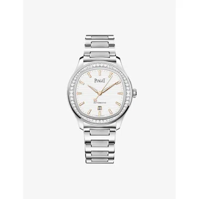 Piaget Mens Silver Polo Stainless-steel And Diamond Watch 36mm In Burgundy