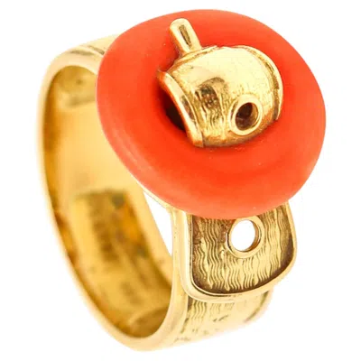 Pre-owned Piaget Paris 1970 Modernist Belt-shaped Ring In 18kt Yellow Gold With Coral
