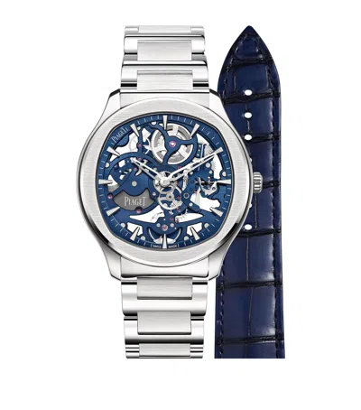 Piaget Stainless Steel Polo Skeleton Blue-hued Watch In Metallic