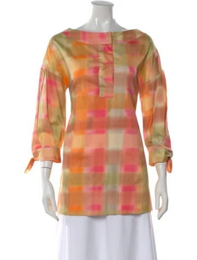 Pre-owned Piazza Sempione Colorblock Pattern Bateau Neckline Blouse In Orange