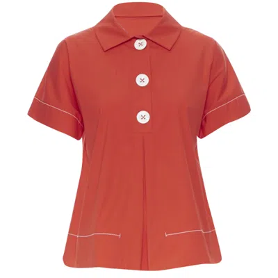 Piazza Sempione Cotton Blend Overstitch Babydoll Blouse Top In Red