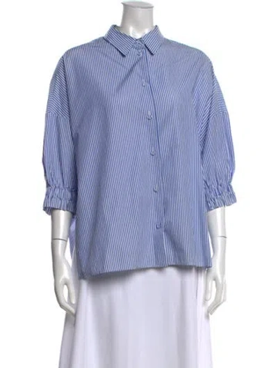 Pre-owned Piazza Sempione Striped Three-quarter Sleeve Button-up Top In Blue