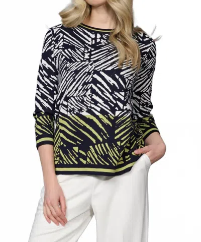 Picadilly 3/4 Sleeve Abstract Printed Top In Deep Navy/leek Multi In Blue