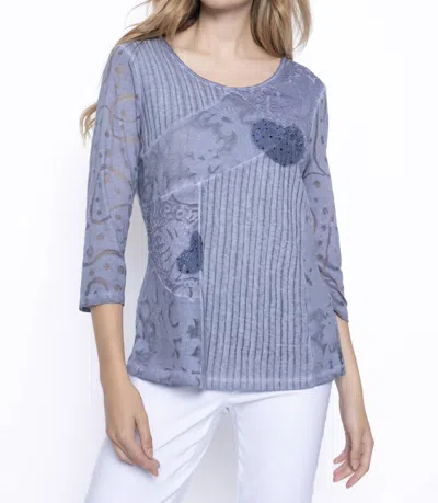 Picadilly 3/4 Sleeve Mixed Fabric Top In Denim Multi In Blue