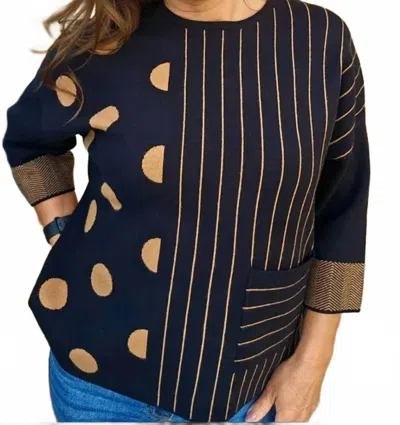 Picadilly 3/4 Sleeves Striped Polka-dot Top In Camel/black In Blue
