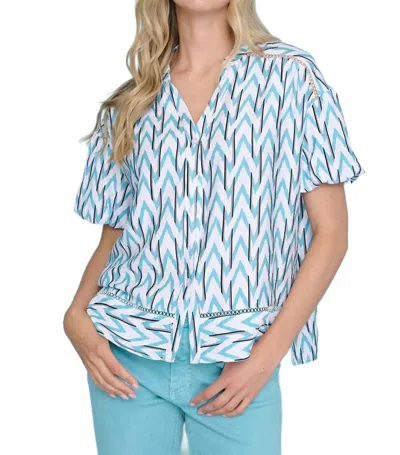 Picadilly Button Front Puff Sleeve Top In Lagoon In Blue