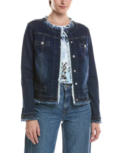 Picadilly Collarless Frayed Edge Denim Jacket In Blue