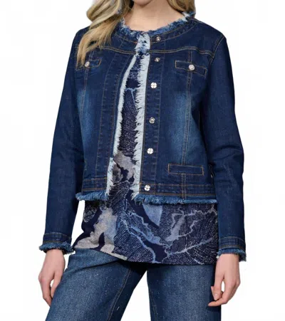 Picadilly Collarless Frayed Edge Denim Jacket In Blue