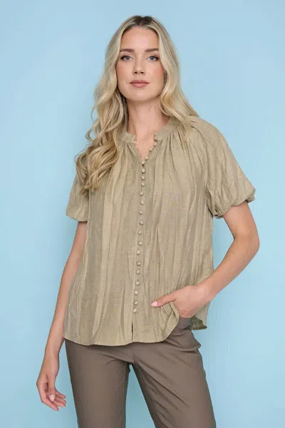 Picadilly Crinkled Puff Sleeves Top In Khaki Green In Multi