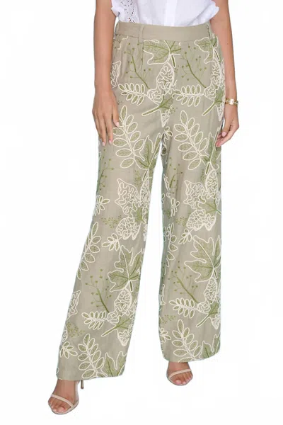 Picadilly Embroidered Wide Leg Length Pant In Khaki Green Multi