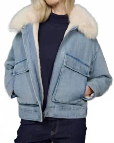 Picadilly Faux-fur Trim Zip-front Jacket In Denim Blue/white In Gray
