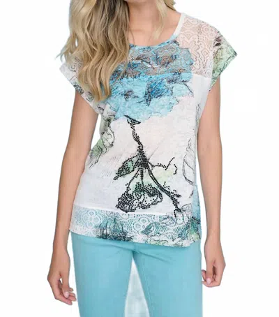 Picadilly Lace Trim Print Top In Lagoon Multi