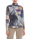 Picadilly Mock Neck Printed Mesh Top In Blue