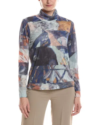 Picadilly Mock Neck Printed Mesh Top In Blue