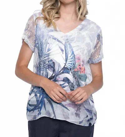 Picadilly Tropical Print Netted Short Sleeve Top In Multi In White