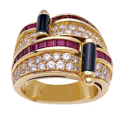 Pre-owned Picchiotti 18 Karat Yellow Gold Ring With Diamond, Ruby, And Black Onyx