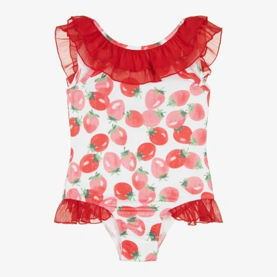 Piccola Speranza Babies' Girls Red Strawberry Ruffle Swimsuit