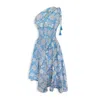 Pick Happy Women's Blue One Shoulder Asymmetry Goddess Cotton Dress With Silk Tassels Botanical Azure