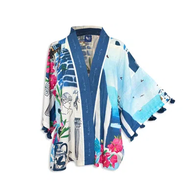 Pick Happy Women's Blue Short Kimono Cotton Tassels Santorini Limited