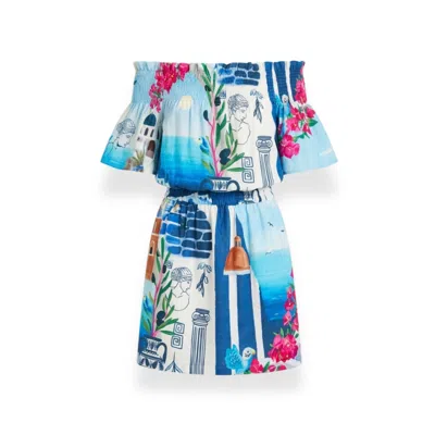 Pick Happy Women's Blue / White Off Shoulder Breeze Dress Santorini In Multi