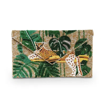 Pick Happy Women's Green / Gold / Silver Leopard Hand Beaded Clutch Bag Gold Forest