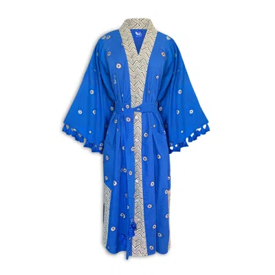 Pick Happy Women's Handblock Cotton Kimono With Tassels In Blue