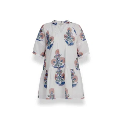 Pick Happy Women's Neutrals / White Puff Sleeve Chloe Mini Dress With Pintuck Mocha Botanical