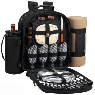 Picnic At Ascot Classic Insulated Picnic Backpack, Service For 4 In Black