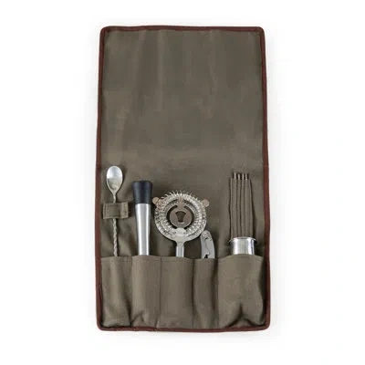 Picnic Time 10-piece Bar Tool Set Roll Up Waxed Canvas Travel Cocktail  Kit In Silver